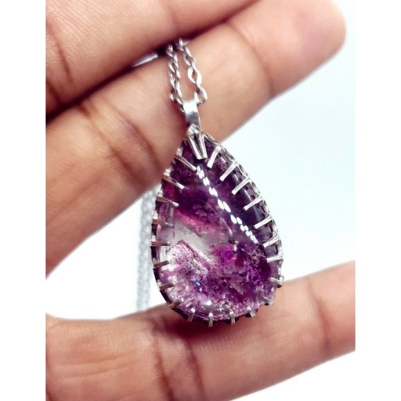 Sterling silver Pink Lodolite Ghost Quartz Crystal Necklace Handmade gothic .925 - Picture 2 of 12